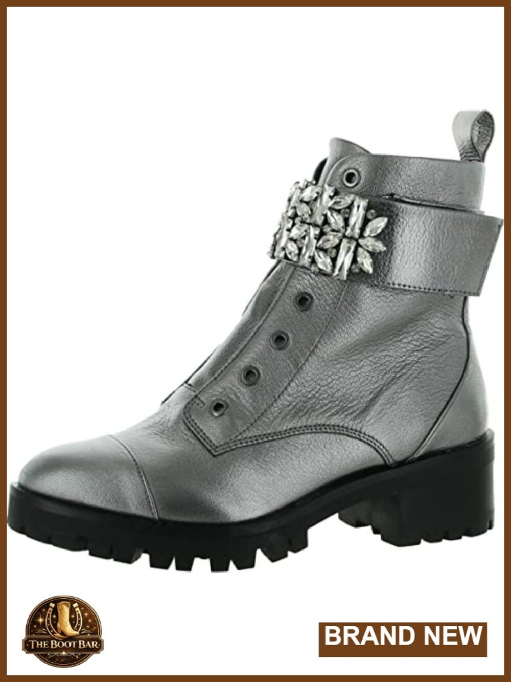 Women's Combat Lug Sole Ankle Bootie with Rhinestone Embellishments